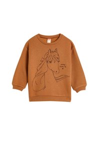 Bruine sweatshirt met een ronde hals en lange mouwen, met een zwarte omtrektekening van een paard en de tekst "altijd groot dromen."