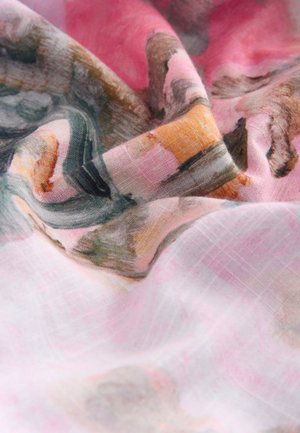 Lichtgewicht stof met abstracte aquarelpatternen in roze, groen en oranje tinten. Soepele textuur met een zachte val.