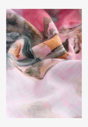 Lichtgewicht stof met abstracte aquarelpatternen in roze, groen en oranje tinten. Soepele textuur met een zachte val.