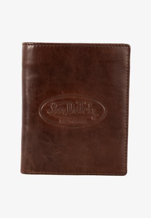 Portefeuille bi-fold en cuir marron avec surface texturée et logo embossé Von Dutch California au centre avant.