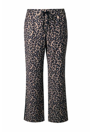 Pantalones de pierna ancha con estampado de leopardo, cinturilla elástica y cordón negro, fabricados con tela suave.
