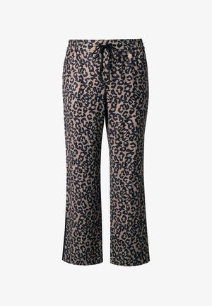 Pantalones de pierna ancha con estampado de leopardo, cinturilla elástica y cordón negro, fabricados con tela suave.