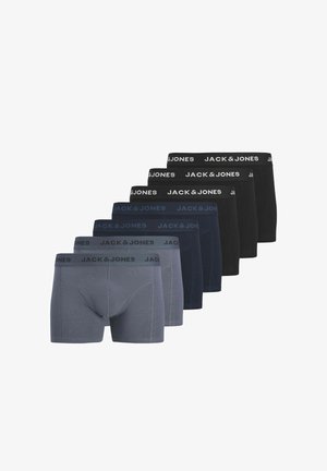 Komplet šestih parov moških bokser hlačk v različnih odtenkih sive in črne barve z elastičnimi pasovi, na katerih je logotip "JACK & JONES".