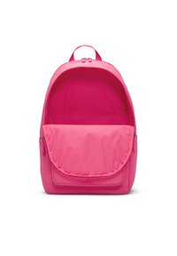 Ροζ σακίδιο με μαλακό ύφασμα, στρογγυλή μορφή, κλείσιμο με φερμουάρ και μεγάλη μπροστινή τσέπη. Το εσωτερικό έχει το ίδιο φωτεινό χρώμα, ευρύχωρο σχέδιο.