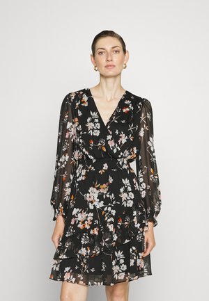 DKNY V NECK DRESS WITH ASYMMETRIC RUFFLE HEM - Päevakleit - black/multi
