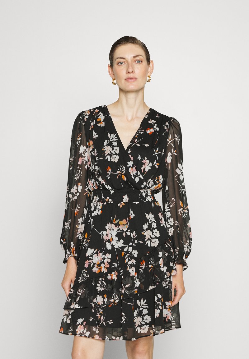 DKNY V NECK DRESS WITH ASYMMETRIC RUFFLE HEM - Day dress - black/multi