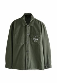 Grüne Baumwolljacke mit Knopfleiste. Verfügt über eine Brusttasche mit aufgesticktem "PORTLAND" und silbernem Zubehör. Lässiges Design mit langen Ärmeln.