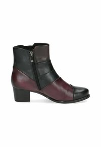 Bottines en cuir noir et bordeaux avec une fermeture éclair sur le côté, présentant un design en color-block, un bout rond et un talon empilé.