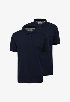 To mørkeblå poloshirts med korte ærmer, kraver og tre-knaps åbninger, vist mod en hvid baggrund.