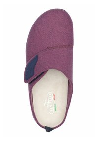 Burgundy felt slip-on shoe with a black accent flap, soft insole, and a black heel tab; features simple stitching and logo details inside.