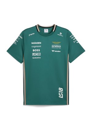 Grünes Aston Martin Formel-1-Teamshirt mit kurzen Ärmeln, Sponsorlogos, schwarzen und beigen Streifen an den Seiten und Puma-Logo am Kragenetikett.