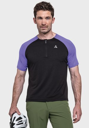 Schwarzes Kurzarmoberteil mit lila Raglanärmeln und einem Reißverschlusskragen. Hergestellt aus einem strukturierten Material, ideal für die Sportbekleidung.