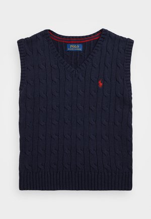 Sweater sem mangas em malha azul-marinho com decote em V, padrão de cabos texturizado, bainha canelada e detalhe em vermelho no interior do decote; logotipo bordado em vermelho.