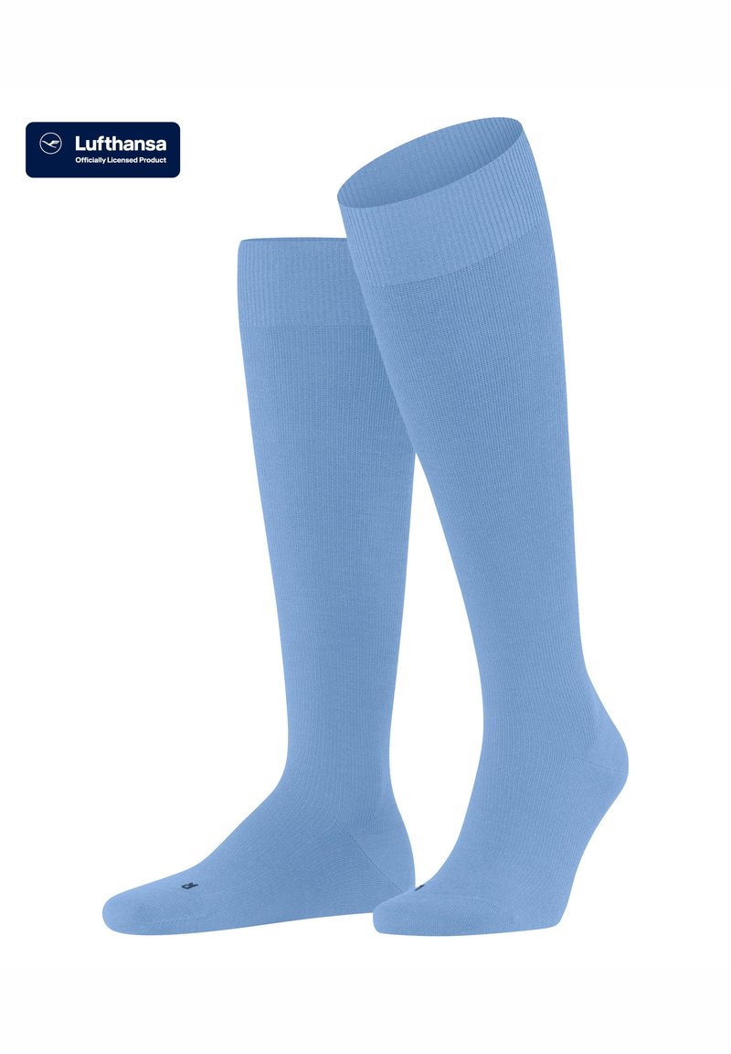 Meias até o joelho em azul claro com uma faixa ribanada no topo e textura suave, apresentando um pequeno logo na ponta. Adequadas para viagens e uso diário.