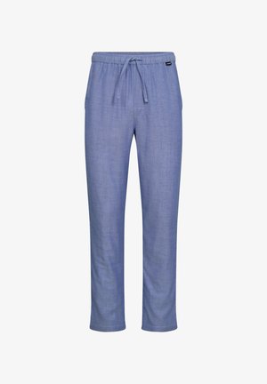 Lysblå bløde stofbukser med elastisk talje og snøre. Lige ben design, ingen synlige lommer eller mønstre.