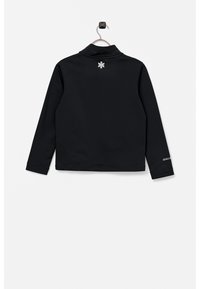 Zwarte lange mouwen shirt met een kraag, met een klein wit logo op de achterkant en een decoratieve stiksel bij de manchetten. Glad stoffen textuur.