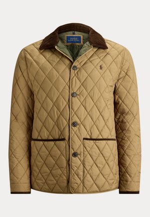 Gesteppte beige Jacke mit braunem Cordkragen, vier Knöpfen, zwei Vorderentaschen und Polo Ralph Lauren Logo auf der linken Brust.