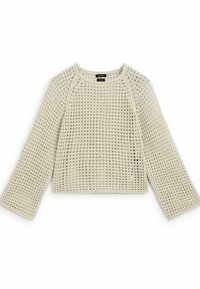 Beige, langärmliger Häkelsweater mit weitmaschigem, quadratischem Strickmuster und rundem Ausschnitt, flach auf weißem Hintergrund ausgelegt.