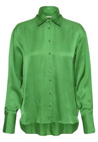 Camicia button-up in satin verde con colletto, maniche lunghe e orlo curvo. Presenta bottoni coordinati e una texture liscia.