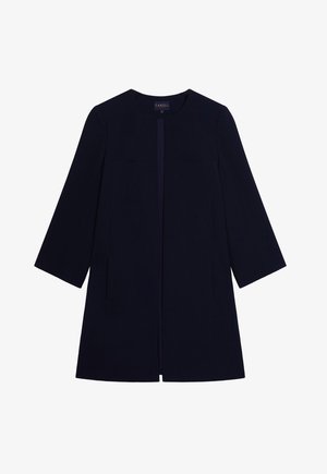 Marineblauwe jas met driekwartmouwen, een ronde halslijn, een sluiting aan de voorkant en twee zijzakken. Gemaakt van een gladde stof met een subtiele glans.