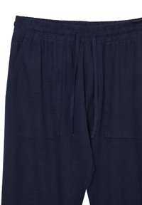 Navy blaue Leinenhose mit einem elastischen Bund, Zugband und zwei Vordertaschen. Weicher Stoff und entspannter Schnitt.