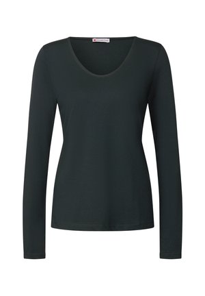 Maglia maniche lunghe verde scuro, con scollatura a barca e texture liscia. Design semplice senza motivi o dettagli visibili.