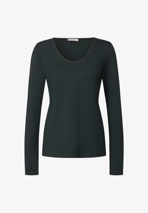 T-shirt à manches longues en vert foncé, avec un décolleté en gencive et une texture douce. Design simple sans motifs ou accents visibles.