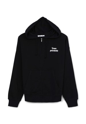 Felpa nera con zip, realizzata in cotone, con cappuccio, cordini, tasche frontali e testo bianco "Stavo pensando" sul lato sinistro del petto.