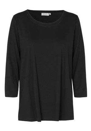Zwarte, lange mouwen top met een ronde hals; gemaakt van gladde stof met een losse pasvorm en een lichte drapering. Etiket zegt "MASAI."