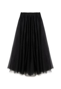 Zwart tule rok met eenGathered, elastische tailleband. Vloerlengte, met een gelaagd ontwerp dat volume en textuur toevoegt.