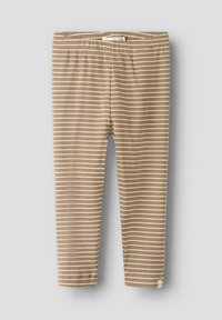 Beige striped leggings made of ribbed fabric. Features an elastic waistband and thin white stripes running vertically.