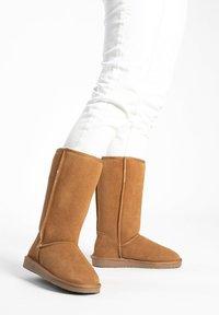Botas altas de ante marrón con una textura suave, punta redonda y suela plana de goma. Presentan costuras cosidas y un diseño simple y clásico.