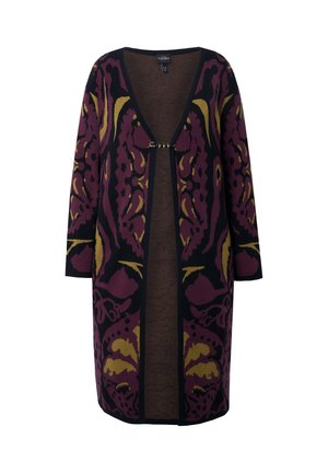 Cardigan en motif floral violet et or, à l'avant ouvert avec des bordures noires, à manches longues, en tissu texturé, disposant d'une fermeture à clip décorative.
