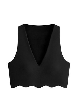 Zwarte mouwloze crop top met diepe V-hals en gegolfde zoom, plat uitgestald op een witte achtergrond.
