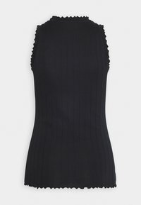 Sort ribbet tanktop uden ærmer med bølgede kanter og en tætsiddende design, der har lodrette linjer for tekstur og en glat finish.