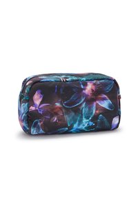 Soft cosmetic bag featuring a black fabric adorned with vibrant purple and blue floral patterns, rectangular shape, and top zipper closure.