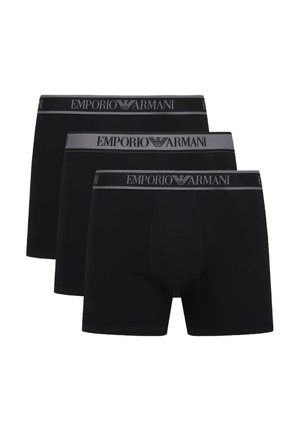 Black boxer briefs from Emporio Armani, featuring a grey waistband with branding. Soft material, fitted design, and mid-thigh length.