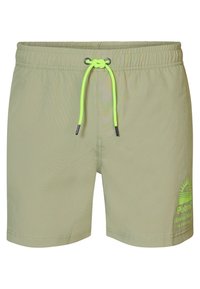 Costumi da bagno verde chiaro con vita elastica, dotati di un laccio neon giallo e logo stampato sul lato destro inferiore.