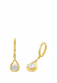 Pendientes de aro en forma de gota de oro, cada uno con una única gema redonda y transparente suspendida dentro del marco.