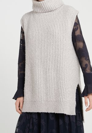 Mouwloze grijze gebreide coltrui gedragen over een lange mouw zwarte doorschijnende jurk met bloemmotief en gerimpelde manchetten.