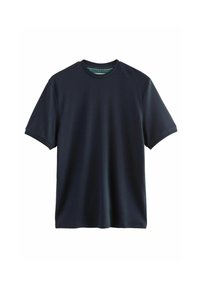 Marineblauwe T-shirt met korte mouwen, gemaakt van gladde stof. Heeft een ronde halslijn en is vrij van patronen of graphics. Eenvoudige, relaxte pasvorm.