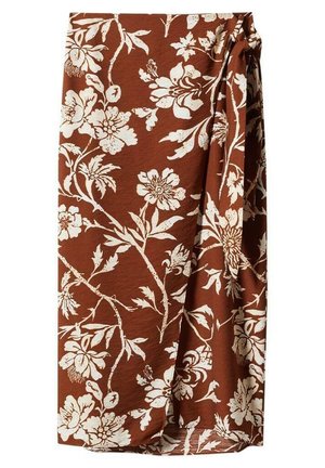Jupe portefeuille couleur rouille avec imprimé floral beige et détail à nouer sur le côté.
