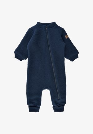 Marineblauwe fleece jumpsuit met hoge kraag, ritssluiting en ribgebreide manchetten. Zachte textuur en lichtgewicht ontwerp, geschikt voor koelere weersomstandigheden.