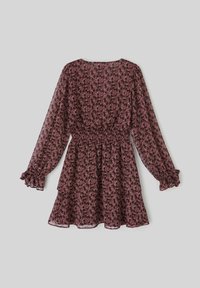 Robe maroon à motifs avec manches longues, taille élastique et poignets volants. Confectionnée dans un tissu léger et transparent avec des motifs floraux.