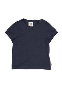 T-paita lyhyillä hihoilla, tummansininen, pehmeästä kankaasta, jossa on pyöreä kaula-aukko ja napitus olkapäällä helpompaa pukemista varten.