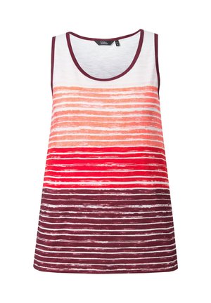 Ärmelloses Damenoberteil mit Rundhalsausschnitt, mit horizontalen Streifen in Weiß, Orange, Rot und dunklen Lilatönen.