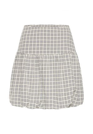 High-Waist kurzer Rock mit schwarz-weiß kariertem Muster und gerafftem Saum für eine voluminöse Silhouette.