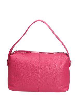 Borsa a tracolla in pelle rosa acceso con una singola cinghia per la spalla e chiusura a cerniera, superficie testurizzata, forma rettangolare.