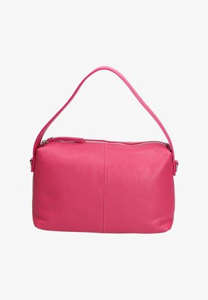 Felroze leren handtas met een enkele schouderriem en ritssluiting, met een gestructureerd oppervlak, rechthoekige vorm.