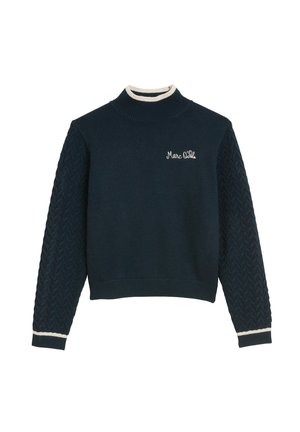 Navy blue sweater with cable knit sleeves, ribbed turtleneck and cuffs in white trim, and "Marc O'Polo" embroidered on chest.